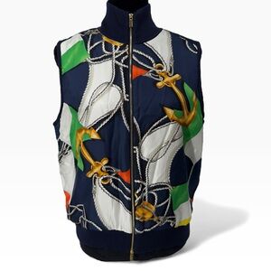 Lauren Ralph Lauren Nautical Silk Front Full Zip Sweater Puffer Vest Large Navy